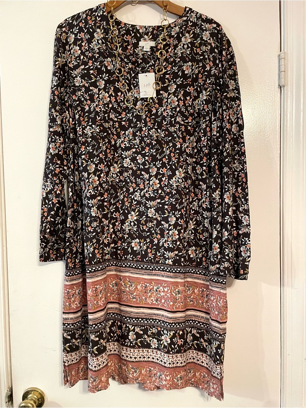 NWT J. Jill Boho Floral Print Long Sleeve Dress - Black/Pink / Size Medium